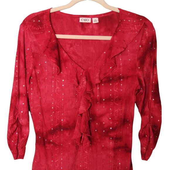 CATO Womens Red‎ Orange M Sequin Top Blouse Tie Dye Ruffle V-Neck Ruched Sleeves - Picture 3 of 8